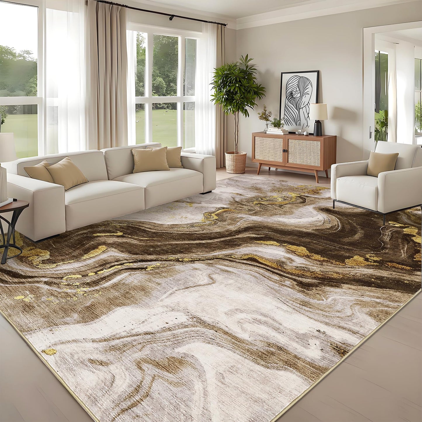 GarveeHome Modern Washable Rugs 5x7 Neutral Abstract Throw Rugs, Non-Slip Abstract Accent Carpet with Marble Swirl Pattern, Stain-Resistant Low Pile Indoor Carpet Rug for Living Room, Bedroom, Brown