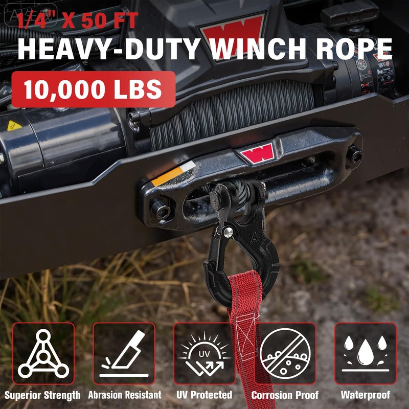 HOKINETY Synthetic Winch Rope Kit - 1/4" x 50' 10000 lbs Synthetic Winch Cable for ATV UTV Off-Road Vehicles with Forged Hook, Rubber Stopper, Protective Sleeve and Safety Pull Strap - Grey