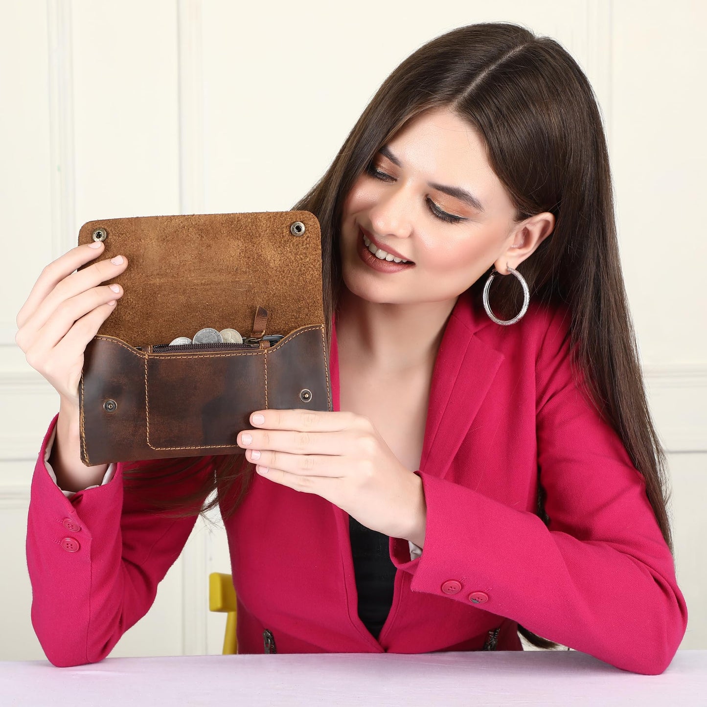 TheAntiq Leather Money Bag Currency Organiser Pouch, Dollar Bills Holder, Bills Organizer with Mobile Pocket, Money Envelope For Men and Women (Brown)