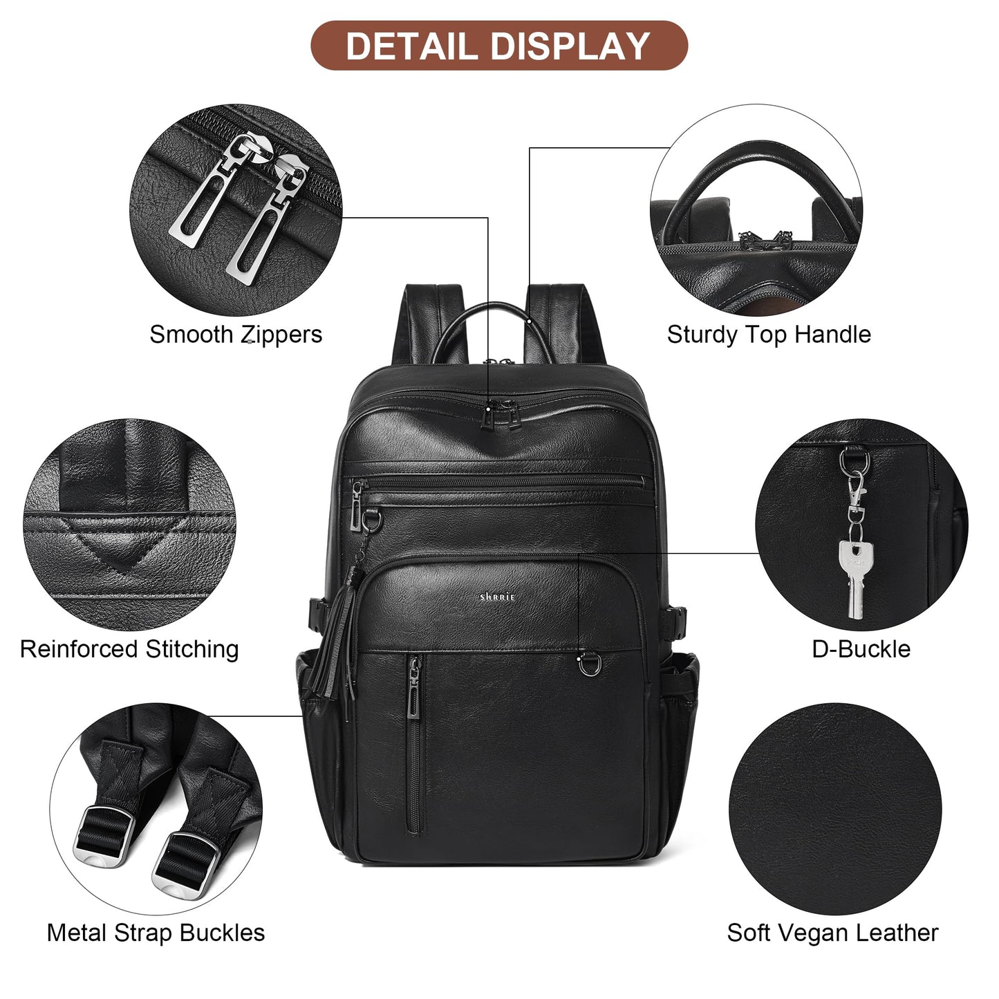 Shrrie Vegan Leather Laptop Backpack for Women,17 Inch Computer Backpack Purse for Work Business College Travel Teacher Nurse with Anti-theft Pocket & Giant Tumbler Holder Pocket,Black