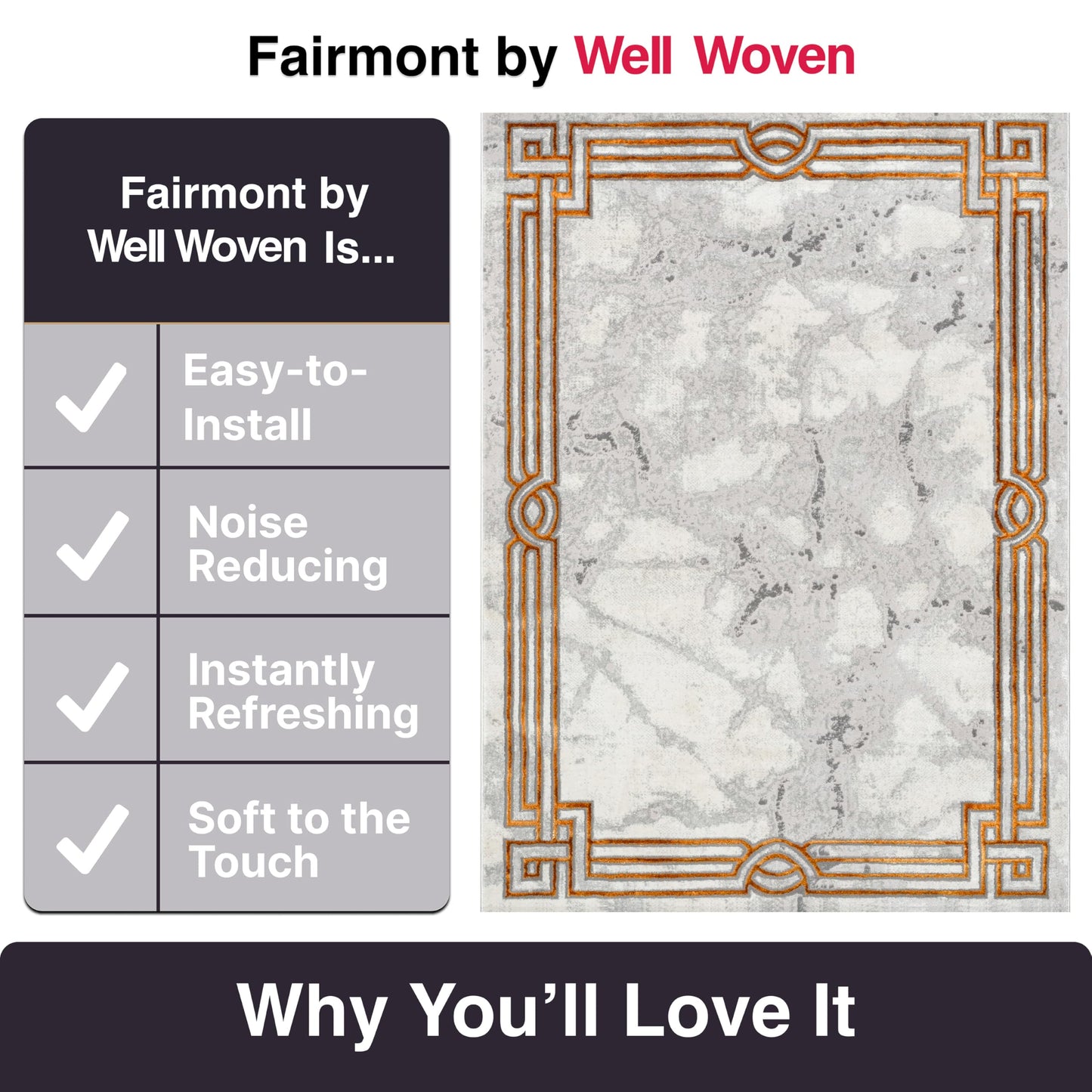 Well Woven Fairmont Collection Huntington Grey Gold & Ivory Marble Border Elegant & Soft 8x10 Area Rug Perfect for Bedroom & Living Room Durable Stain Resistant & Easy to Clean