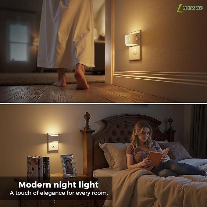 L LOHAS LED Motion Sensor Night Light, Dusk to Dawn & Motion Activated LED Night Light, Night Lights Plug into Wall with 30-100lm Adjustable Brightness, 3000K Soft White, White Housing 2 Pack