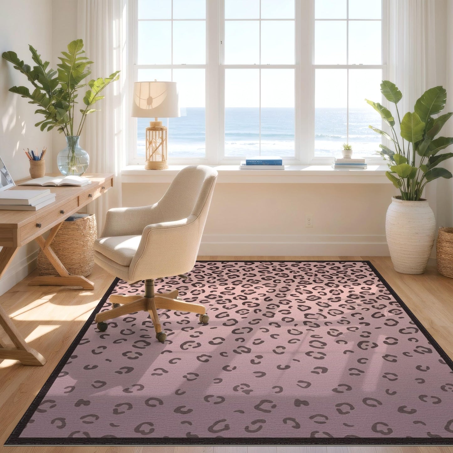 Design&I 5'x7' Washable Area Rug Pink Leopard Print Graduated Density Abstract Rosette Cheetah for Dining Room, Under Table, Home Office, Chair-Friendly & Snag-Free Skid-Resistant Room
