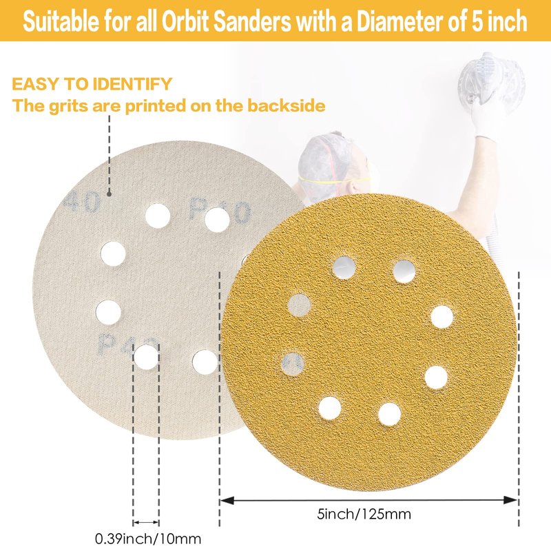 POTUINOM 100PCS 5 Inch 8 Hole Sanding Discs 120 Grit,Gold Round Hook and Loop Sandpaper for Random Orbital Sander