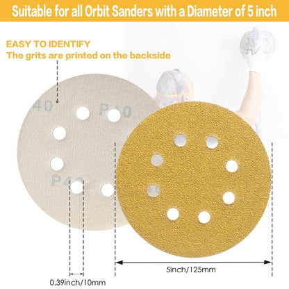 POTUINOM 100PCS 5 Inch 8 Hole Sanding Discs 120 Grit,Gold Round Hook and Loop Sandpaper for Random Orbital Sander