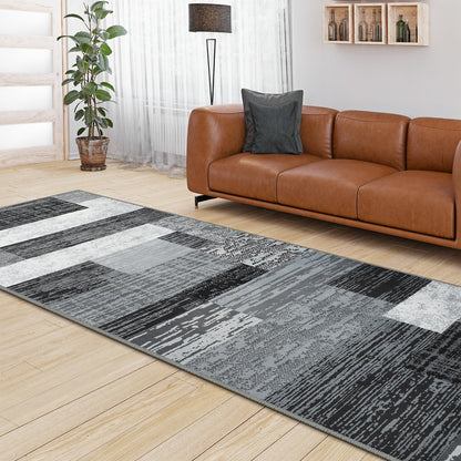 Indoor Runner Rug, Washable Runner Rug with Rubber Backing, Modern Geometric Patchwork Aesthetic Carpet for Bedroom, Living Room, Hallway, Entryway, Washable Rug Rockwood Collection, 2x6 Ft Grey