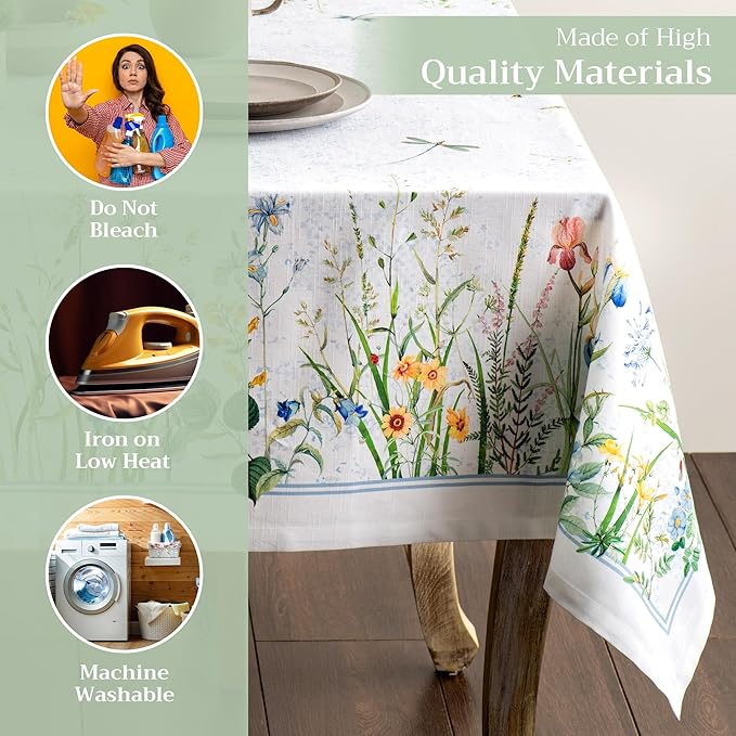 Maison d' Hermine Table Cloth Square Table 100% Cotton 60 x 60 Inches Tablecloth Reusable Decorative for Dining Room, Farmhouse, Home, Party, Festive & Wedding Spring Summer - Fleurs De Mai