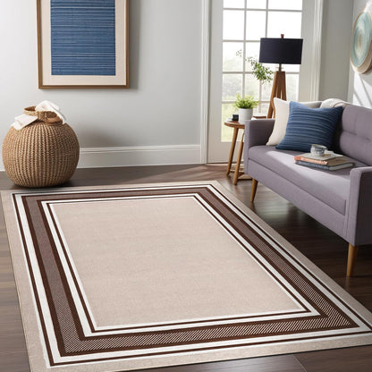 Beverly Rug Non Slip Area Rugs 8x10 Modern Bordered Non Skid Rubber Backing Soft Area Rug for Living Dining Room Easy to Clean Non Shedding Kitchen Bedroom Indoor Carpet 8 x 10 Beige-Brown