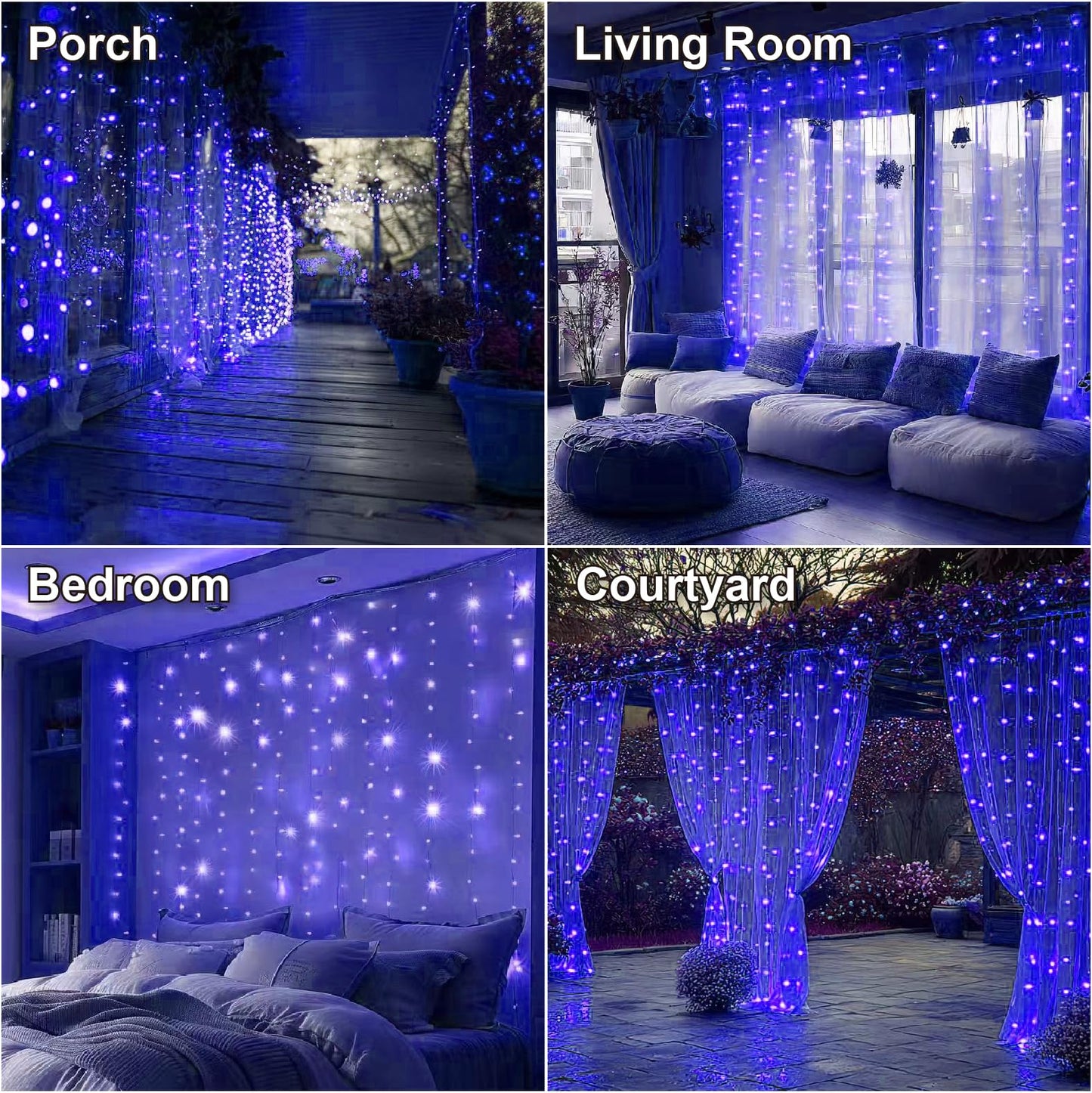 HXWEIYE 300LED Fairy Curtain Lights, 9.8x9.8Ft USB Plug-in 8 Modes Christmas String Hanging Lights with Remote for Bedroom Backdrop Wedding Indoor Wall Decor, Blue, Standard – 1 Pack