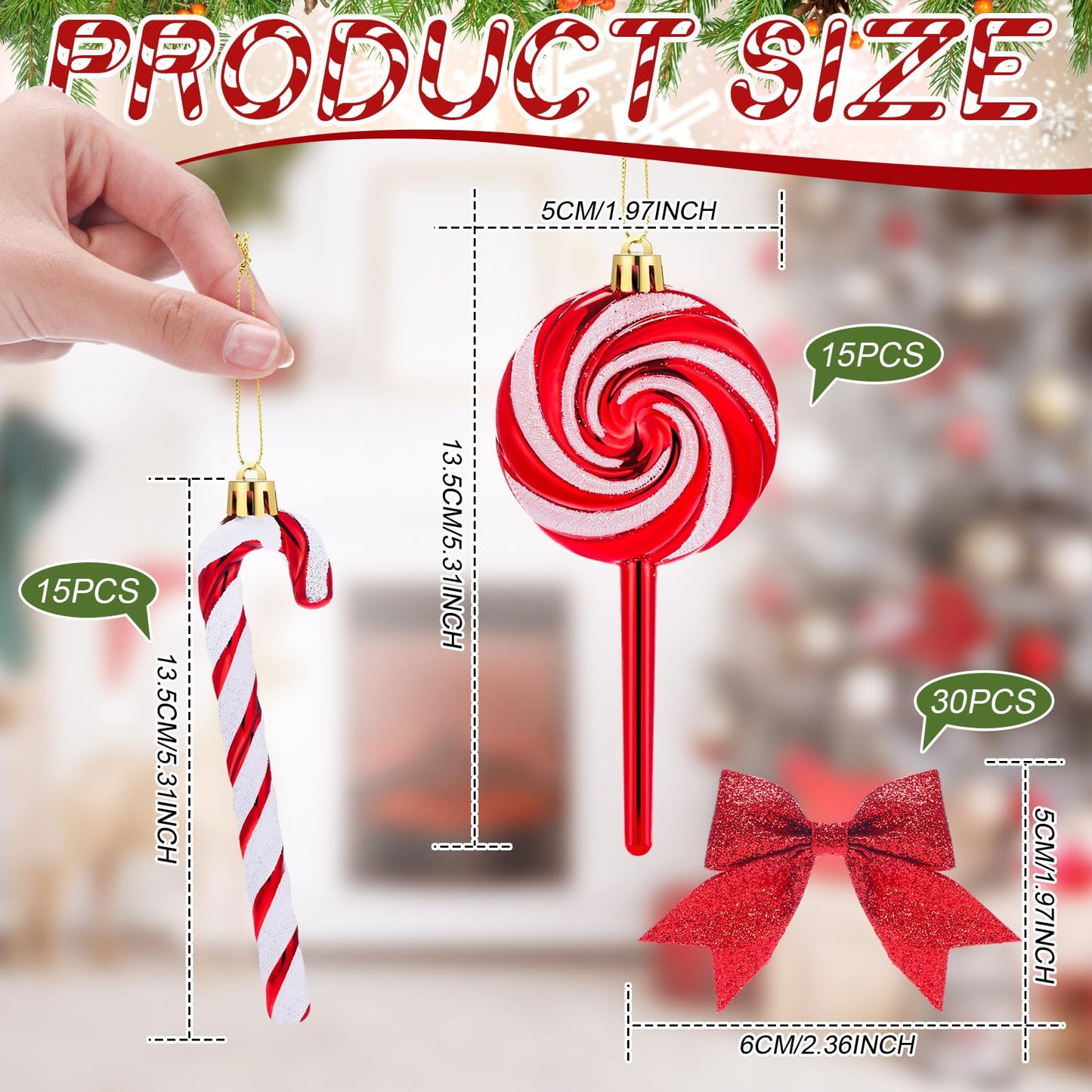 Pinkunn 30 Set Christmas Candy Cane Ornament with Bow Peppermint Candy Cane Christmas Tree Decoration Plastic Lollipop and Bow Hanging Ornaments for Xmas Tree Wreaths Holiday Decorations(Red)