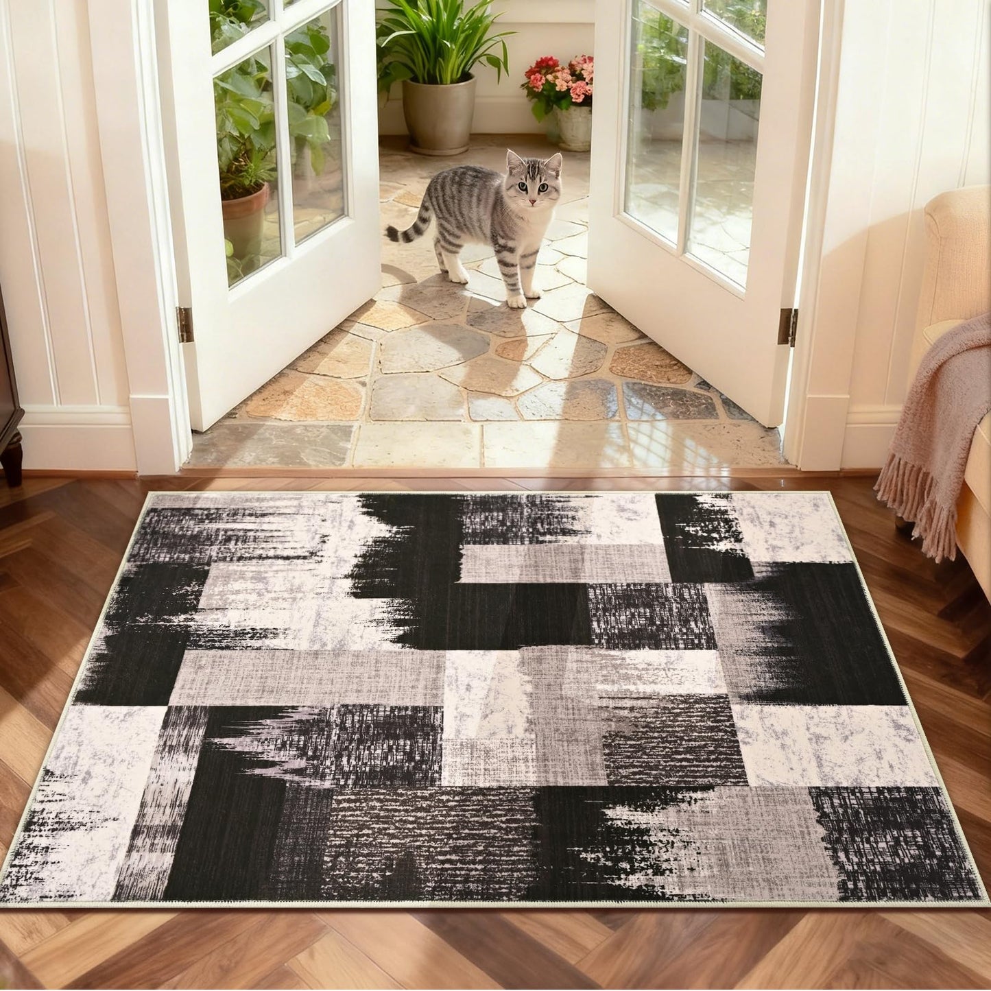 Yinhua Modern Geometric Entryway Rug 2x3, Patchwork Brown Rugs for Entryway Indoor Washable Abstract Area Rug Non Slip, Mid Century Door Rugs Stain Resistant, Low Pile Door Mat for Kitchen, Laundry