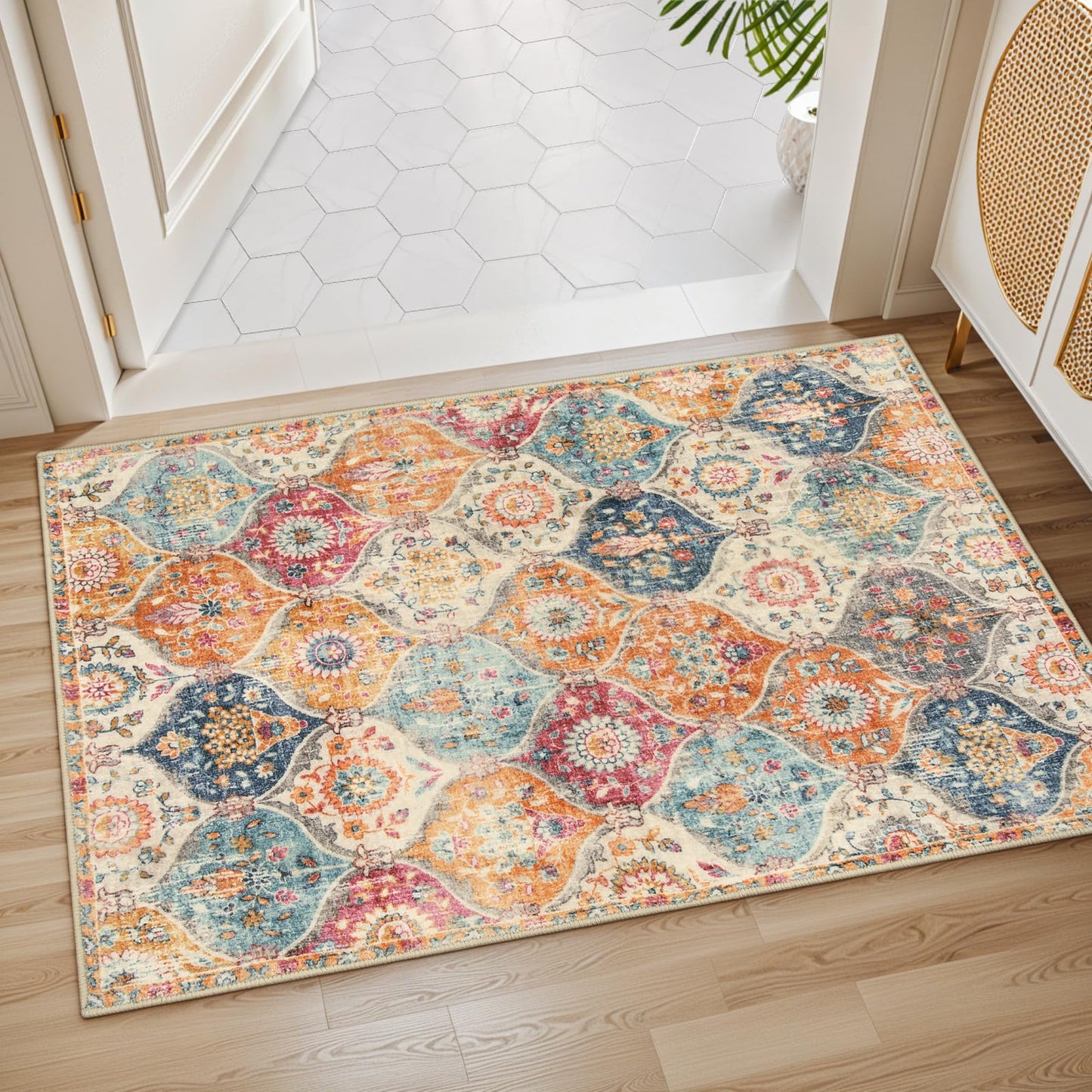 Lahome Moroccan Trellis Washable Rug, 2x3 Kitchen Rugs for Entryway Bathroom, Non-Slip Indoor Door Mat Ultra-Thin, Small Oriental Throw Carpet for Bedroom Entry Elise, Cream/Multi