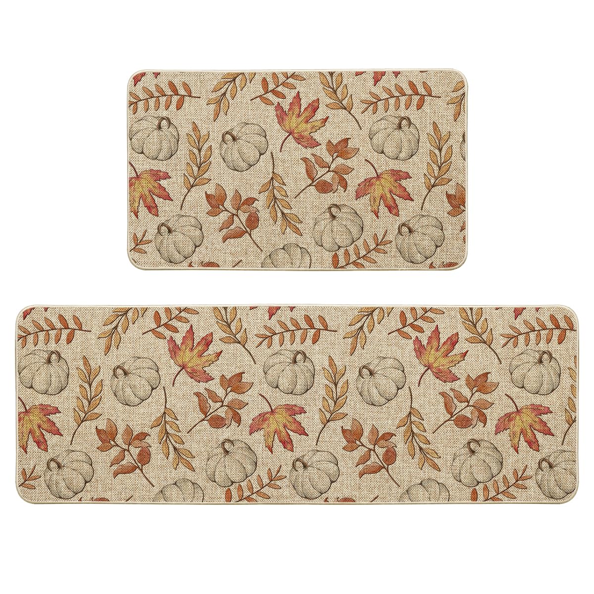 Artoid Mode Pumpkins Fall Kitchen Mats Set of 2, Autumn Maple Leaves Home Decor Low-Profile Kitchen Rugs for Floor - 17x29 and 17x47 Inch