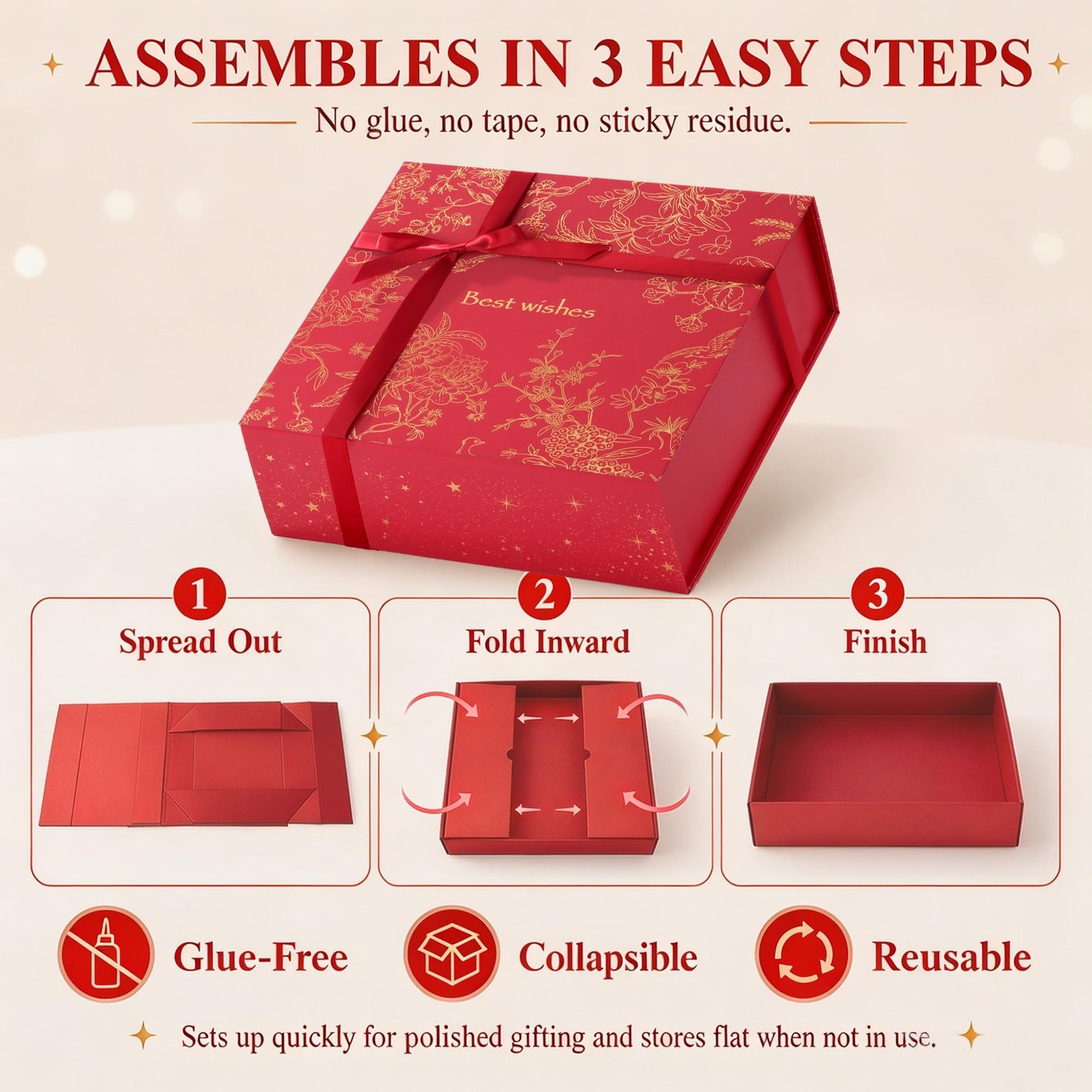 Amalee Luxury Gift Box, Large Deep Red 12”x12”x4” with Strong Magnetic Lid, Elegant Glue-Free Assembly, Includes Ribbon & Card for Wedding, Birthday, Christmas Gift Packaging