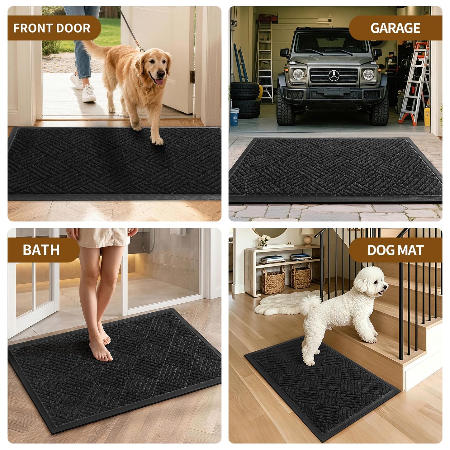 WELDUN Front Door Mat, Heavy Duty Waterproof Rubber Doormat for Indoor Outdoor, Non-Slip Low Profile Dirt Trapper Absorbent Mat for Entryway, Stain Fade Resistant Easy Clean 35.5"x24", Black