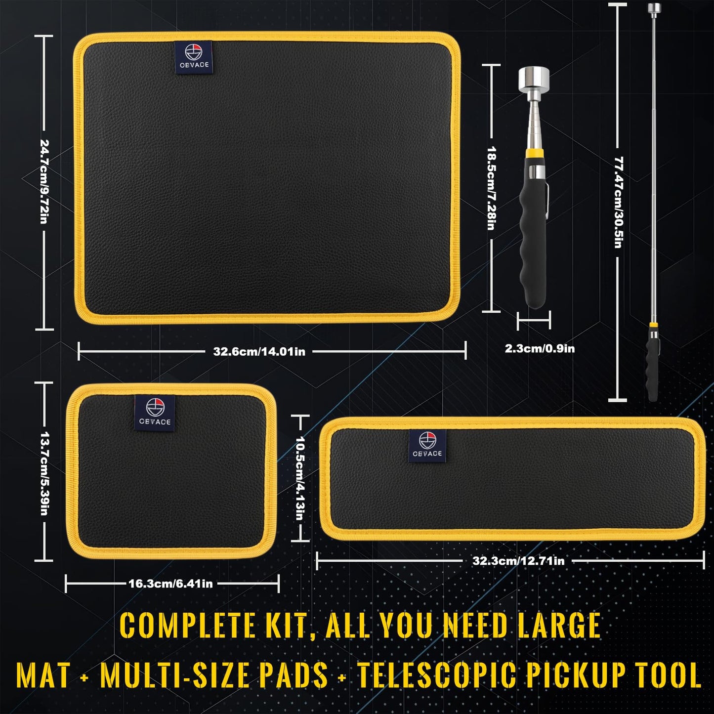 Magnetic Tool Mat Set, 4 Pack Tool Mat Set with Telescoping Pickup Tool | 40LB Strong Magnetic Mat for Tools | Screws & Parts Garage Workshop Organizer for Mechanics & DIY(Yellow)