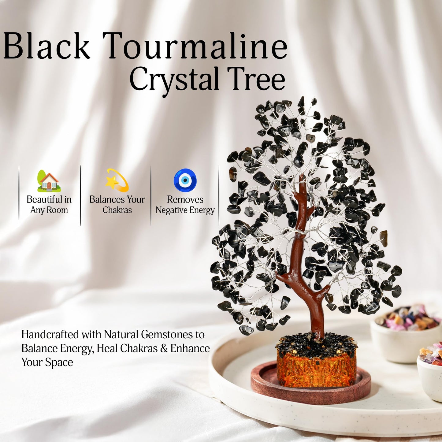 YATSKIA Black Tourmaline Crystal Tree | Gemstone Tree of Life | Healing Crystals and Stones | Boho Home Decor | Positive Energy Decor | Unique Gifts for Women | Healing Gifts for Women | 10 Inch