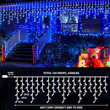 66 Ft 640 LED Christmas Icicle Lights Extra Long 8 Modes Waterproof Icicle String Light with 120 Drops, Fairy Hanging Lights Decor with Remote for Xmas Wedding Indoor Outdoor Blue