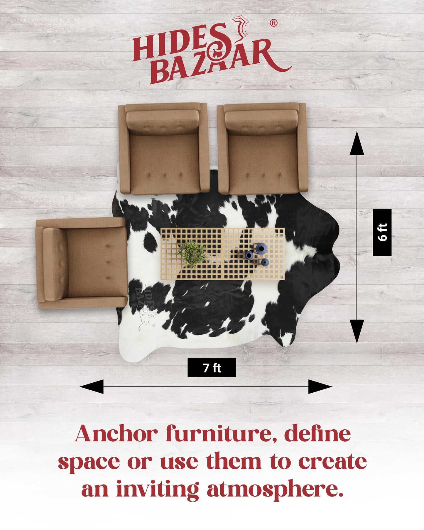 HIDES BAZAAR Black and White Area Rug Premium Cow Rug with Black & White Pattern for Home and Office - Classic Black and White Rug Made with Real Tanned Cowhide - Cow Hide Rugs 6x6-7 ft