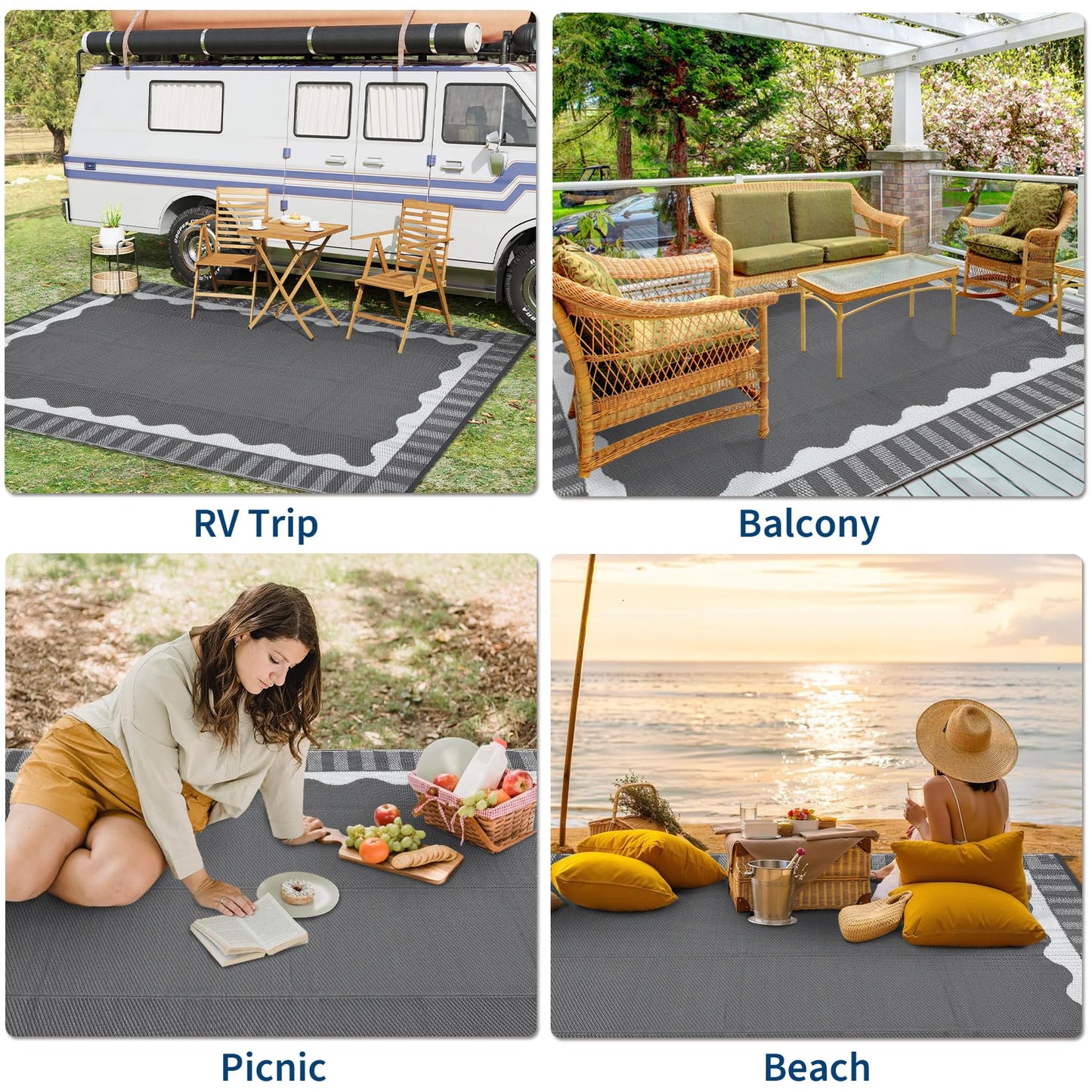 Garvee Large Scalloped Outdoor Rug 9x12 Patio Rugs Outdoor Waterproof, Reversible Plastic Straw Camping Rug, Modern Bordered Outside Mats for Picnic Backyard Deck Balcony Beach Trailer, Grey