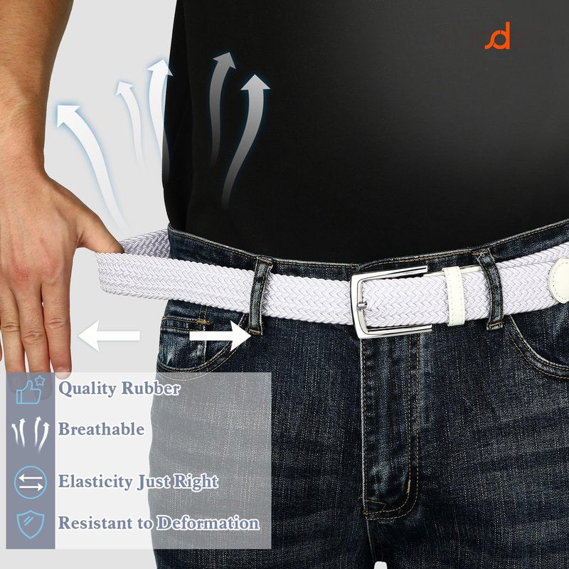 SUOSDEY Elastic Fabric Braided Belts for Men, Stretch Woven Belts for Golf Casual Jeans Shorts,white