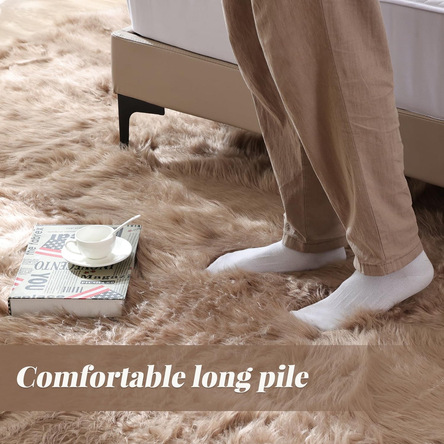 ORINOVA Beige Faux Sheepskin Fluffy Fur 2x3 Area Rugs for Bedroom Washable Shaggy Carpet Rug for Living Room Nursery Furry Rug Home Décor