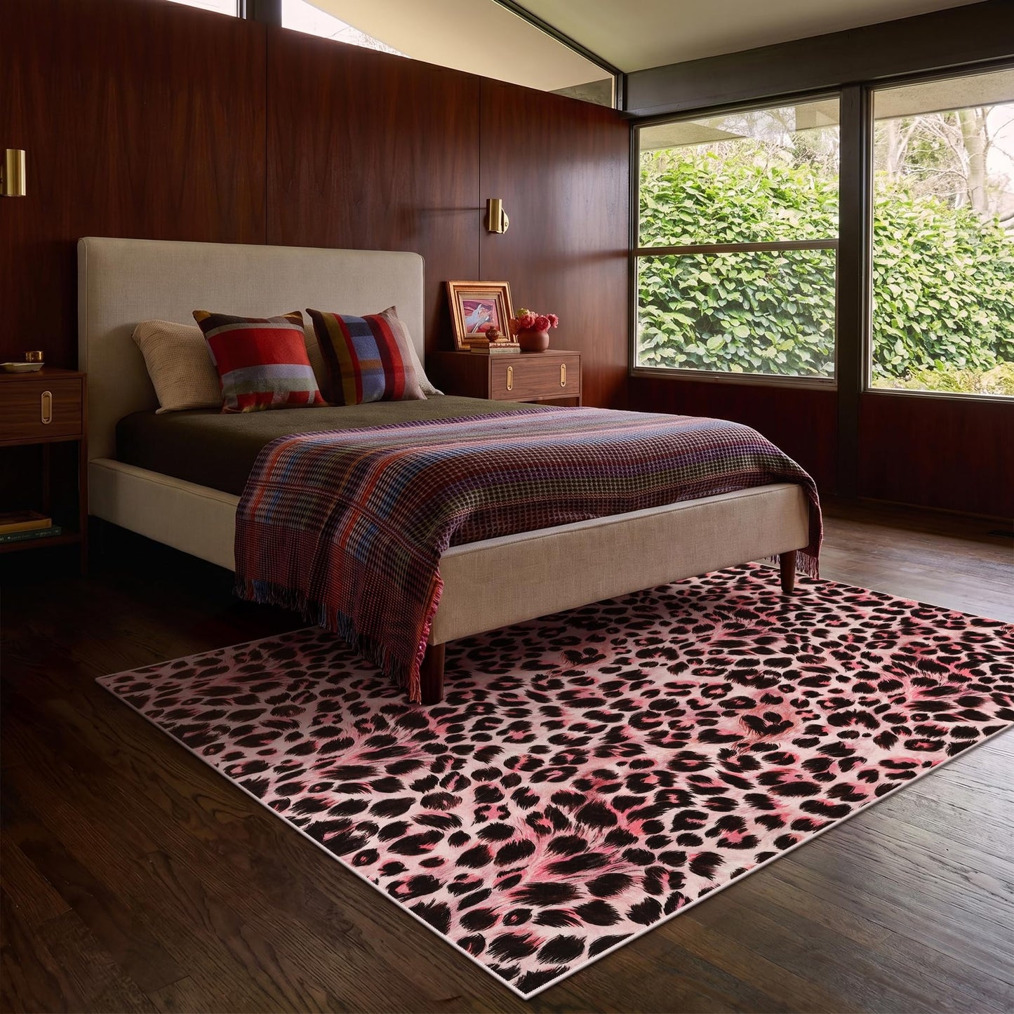5x7 Leopard Area Rugs for Living Room, Machine Washable Cheetah Rug for Bedroom, Animal Rug Foldable Ultra-Thin Indoor Non-Slip Carpet for Dining Room Foyer Apartment Den, Pink, Oeko-TEX Certified