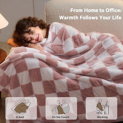 Light Pink Heated Blanket Electric Throw, 50X60 Heating Blanket with 10 Heat Levels & 8 Hours Auto Off for Lap, Checkered Plaid Soft Sherpa Blankets Warmer Gifts for Couch Grandma Women Adults