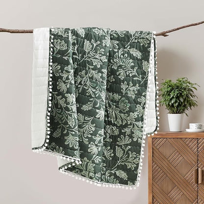 Ultra Soft Pre-Washed Quilted Throw Blanket, Floral Printed Pompom Fringed Dark Green Decorative Throws, Chic Rustic Blanket for Sofa Couch Bed Chair, 90"x 90"