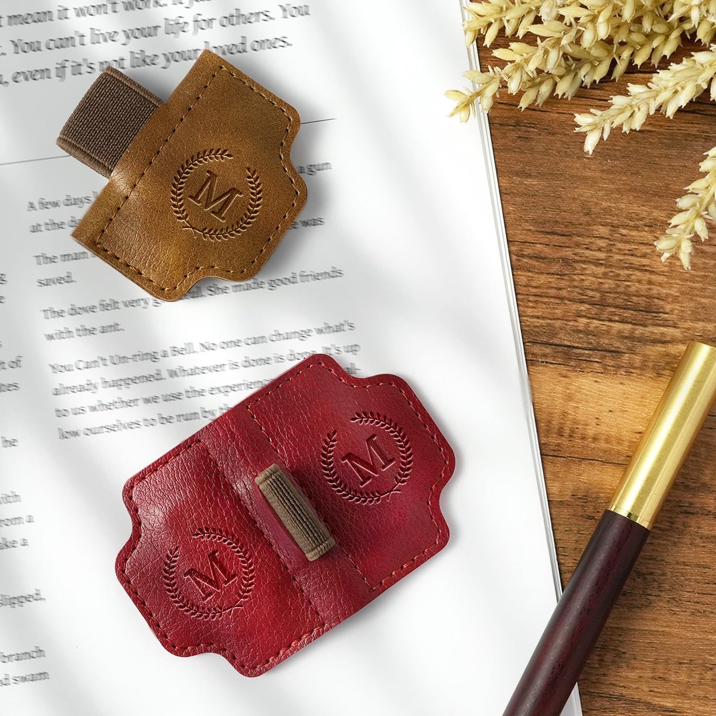 BygoneMark Magnetic Leather Bookmark with Pen Holder, Personalized Custom Initial Page Marker & Pen Clip, Professional Book Accessory for Students (Blue-X)