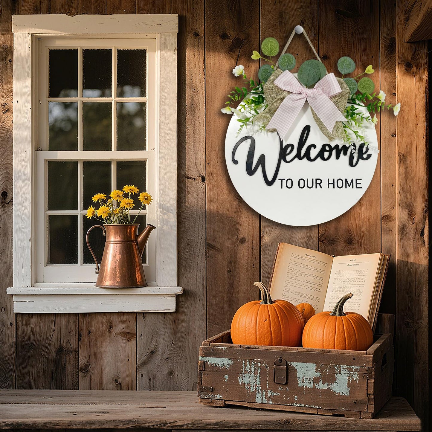 VPDTVK Welcome Sign for Front Door, Rustic Welcome Door Sign Outdoor Wreaths Decor for Spring Summer Autumn and Winter All Seasons Holiday Halloween Christmas(White)