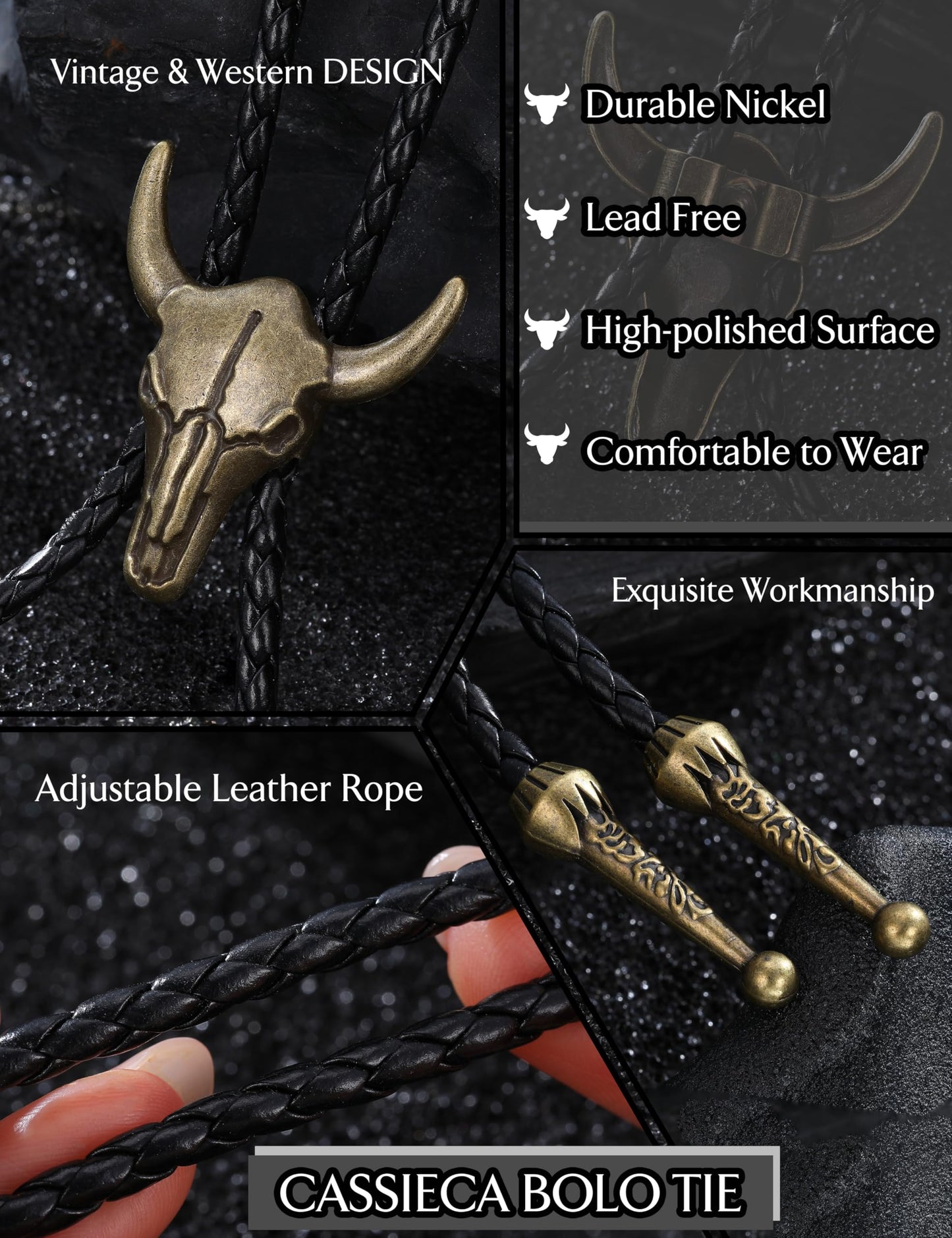 CASSIECA 4Pcs Handmade Bolo Tie for Men Western Cowboy Leather Necktie Halloween Costume Accessories for Men Women