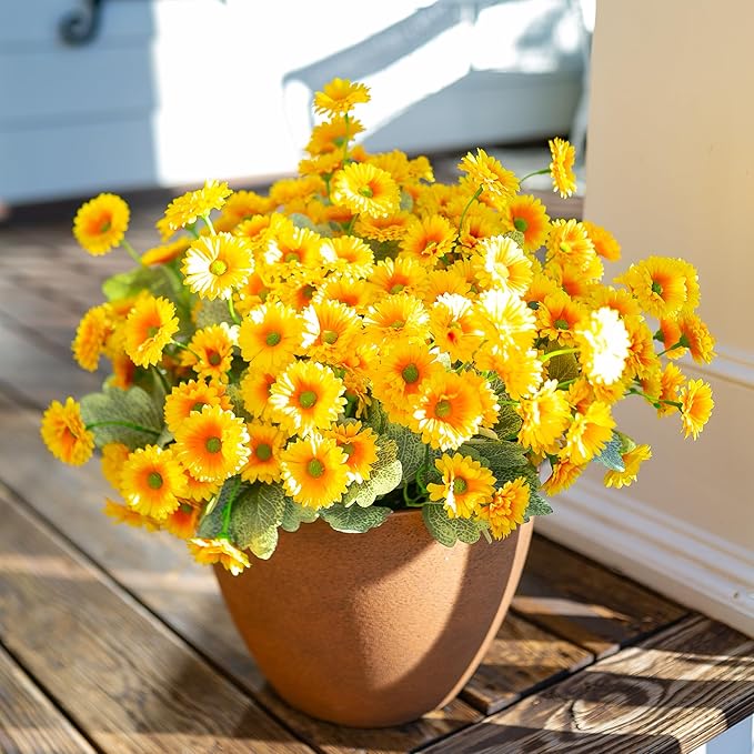 HyeFlora Dahlia Artificial Fall Flowers for Outdoors Autumn Decoration, 6 Bundles Fake Mums Yellow Faux Flowers Plants Realistic UV Resistant Silk Flowers for Outside Planter Front Door Yard Garden