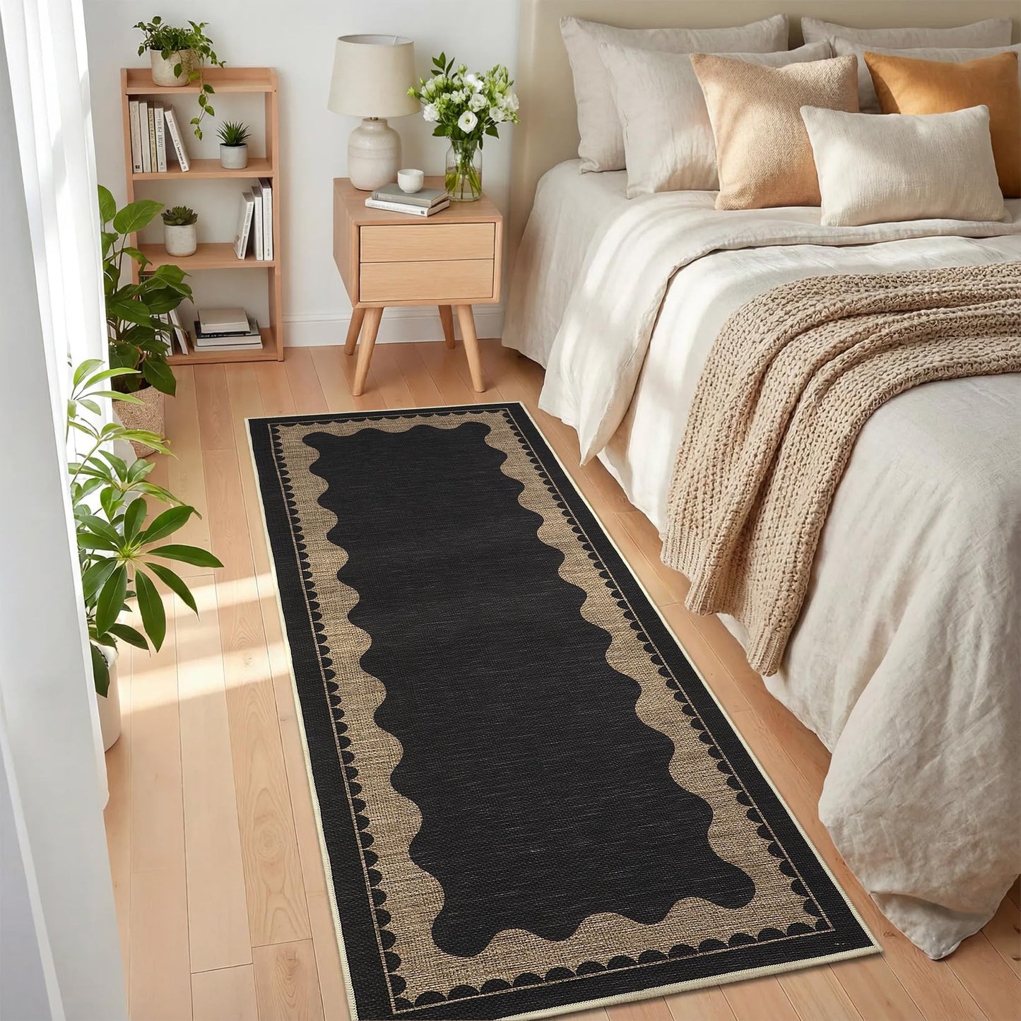 Garvee 2x6 Easy Jute Front Porch Rug, Neutral Scalloped Runner Rug with Non Slip Backing, Bordered Washable Rugs for Entryway, Stain Resistant Non Shedding Mats for Bedroom, Kitchen, Patio, Black