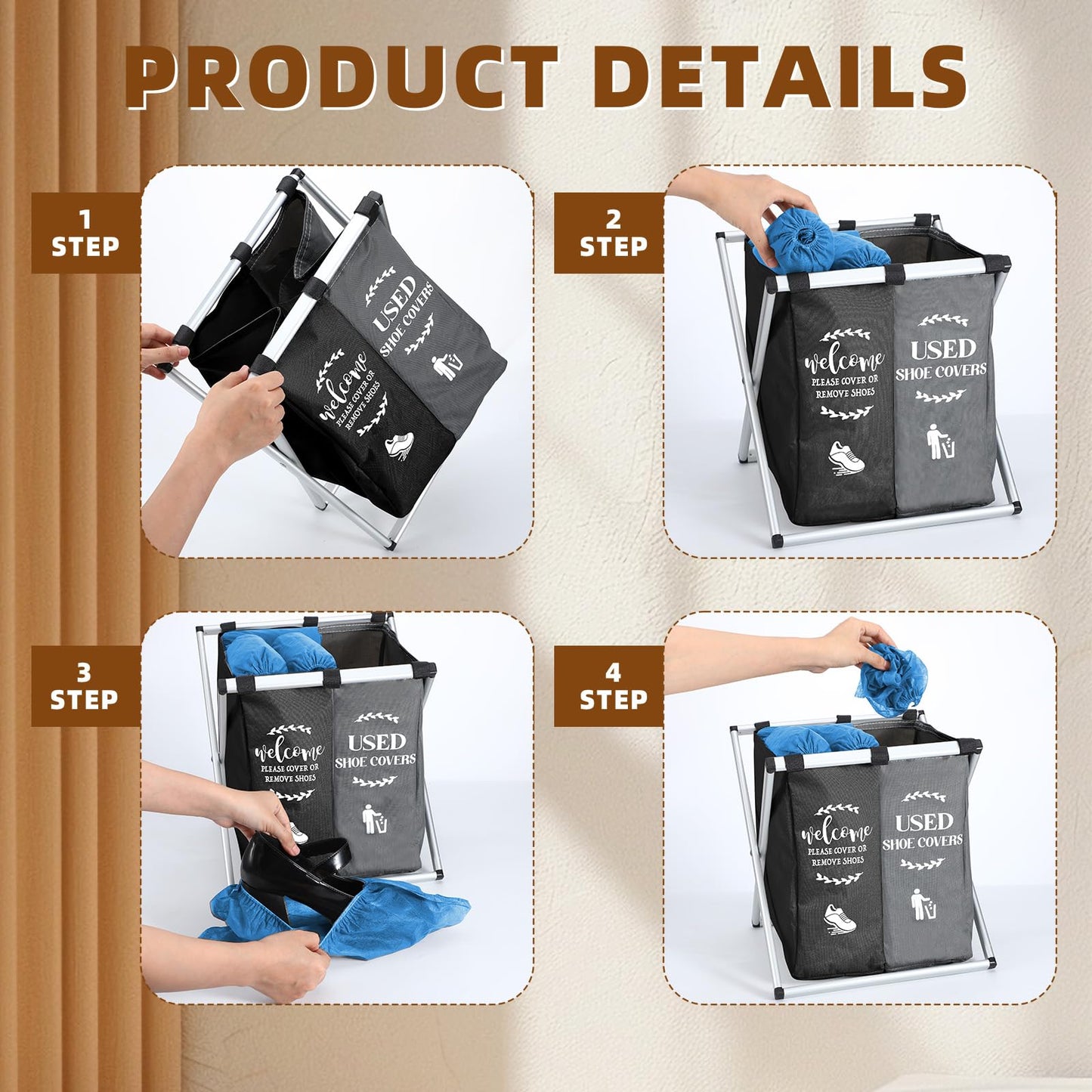 Wonderjune Foldable Disposable Shoe Cover Box Dispenser Fabric Storage Bin Holder with Used Shoe Covers and Welcome Please or Remove Sign for Open House Supplies(Black, Gray)