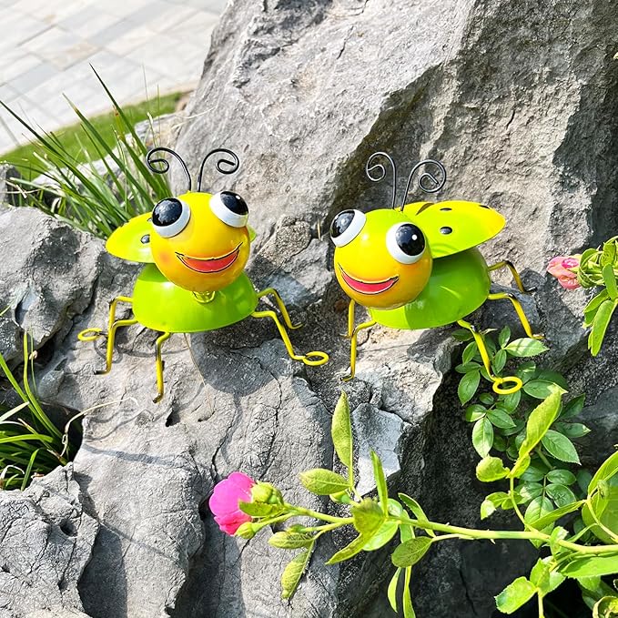 Metal Yard Art Garden Decor for Outside Cute Green Ladybugs Lawn Patio Ornaments Backyard Decorations Garden Gifts for Mom - Set of 2