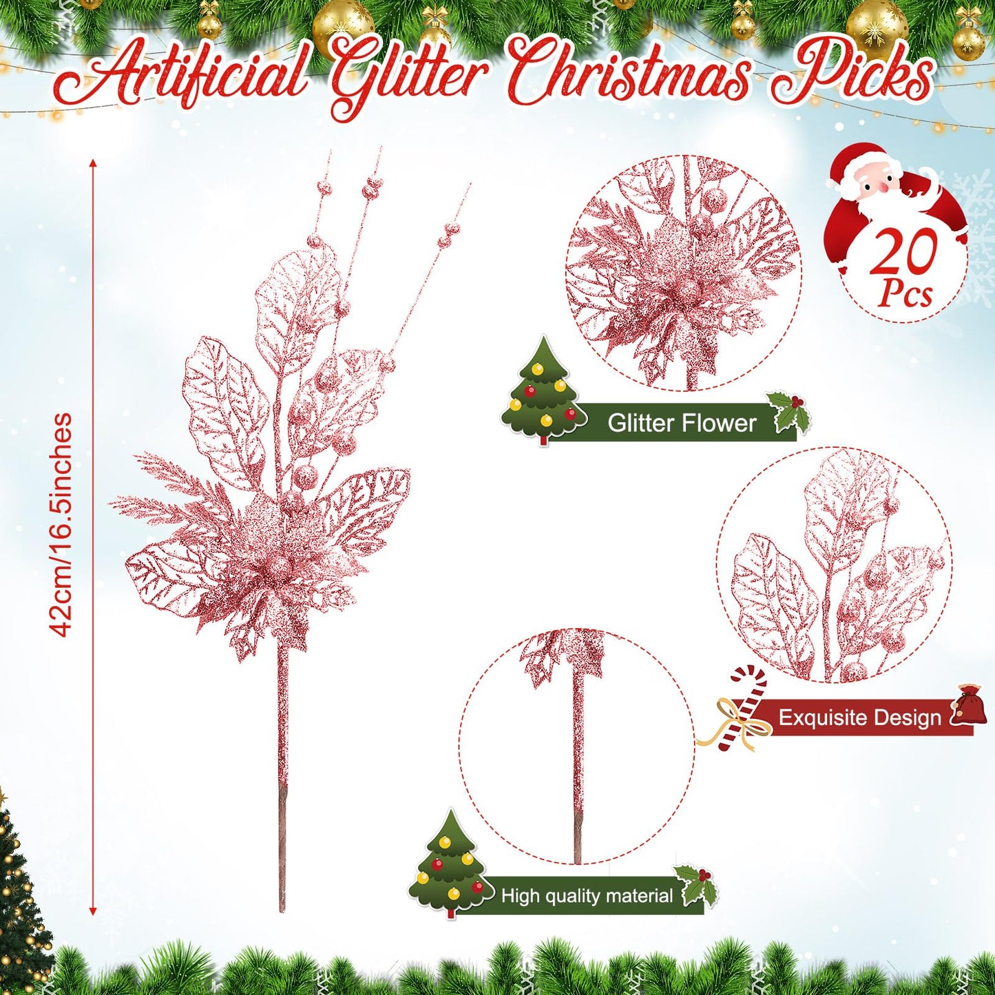 Tigeen 20 Pcs 16.5 Inch Rose Gold Artificial Glitters Christmas Picks Decoration Sprays with Flowers Berry Leaves or Xmas Decor Wreaths Wreath Vase Fillers