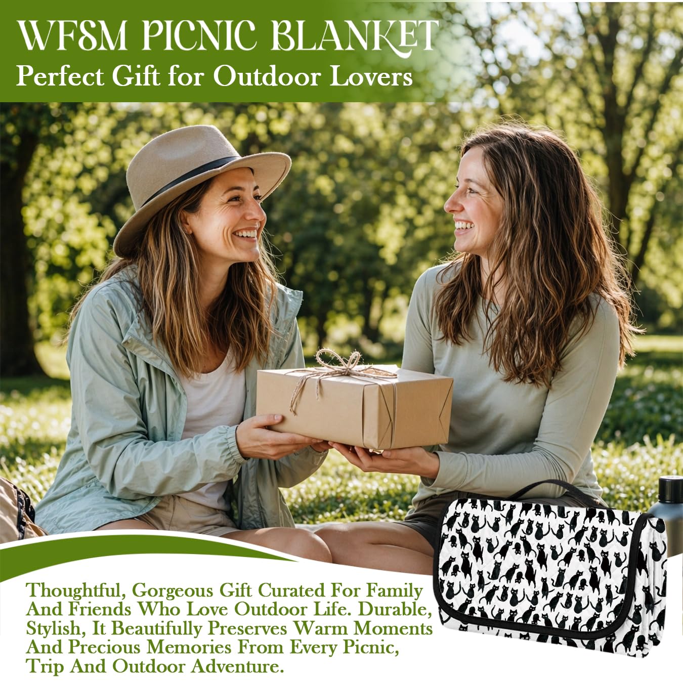 WFSM Black Cat Gifts Picnic Mat 80x60 Inch, Cat Mom Dad Lover Gifts Outdoor Play Mat for Adults and Toddlers Waterproof Sandproof Beach Blanket Travel Camping Rug