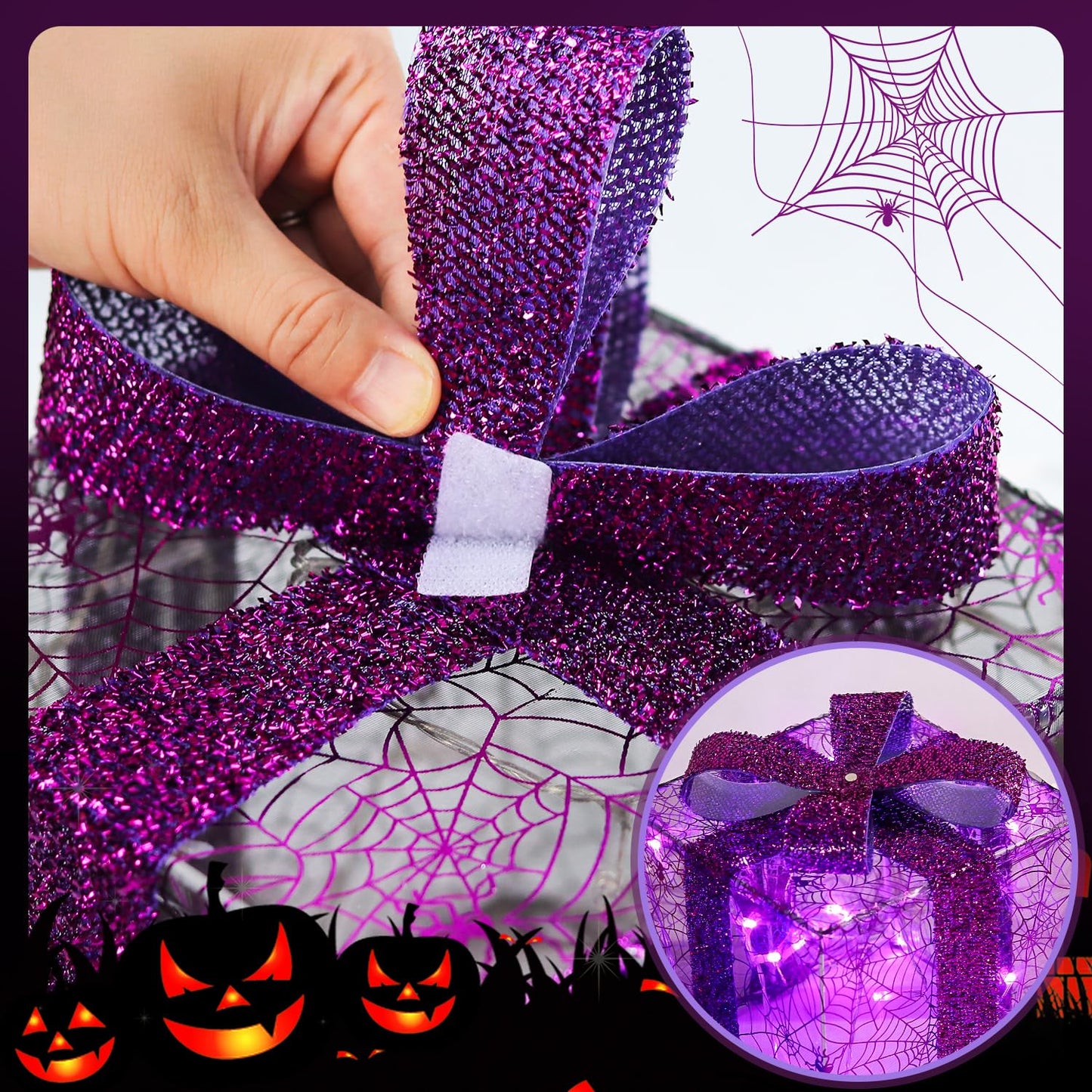 DomKom Set of 3 Halloween Christmas Lighted Gift Boxes Decorations, Plug-in 60 LEDs Metal Frame Present Box, Light Up Xmas Tree Skirt Ornament Decor for Yard Patio Lawn Party