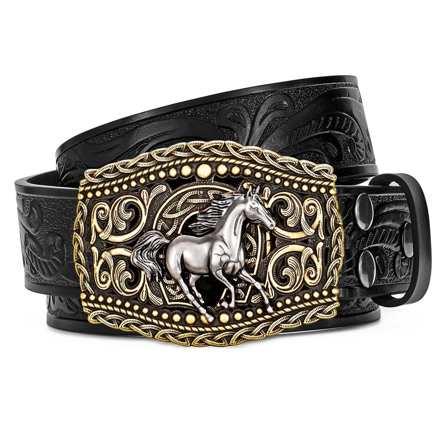 LALATCH Western Cowboy Belts Western Belts for Women Men Cowgirl Cowboy Belt Buckles Leather Cowboy Belt for Men Rodeo Outfit, Gold Horse/Black Belt