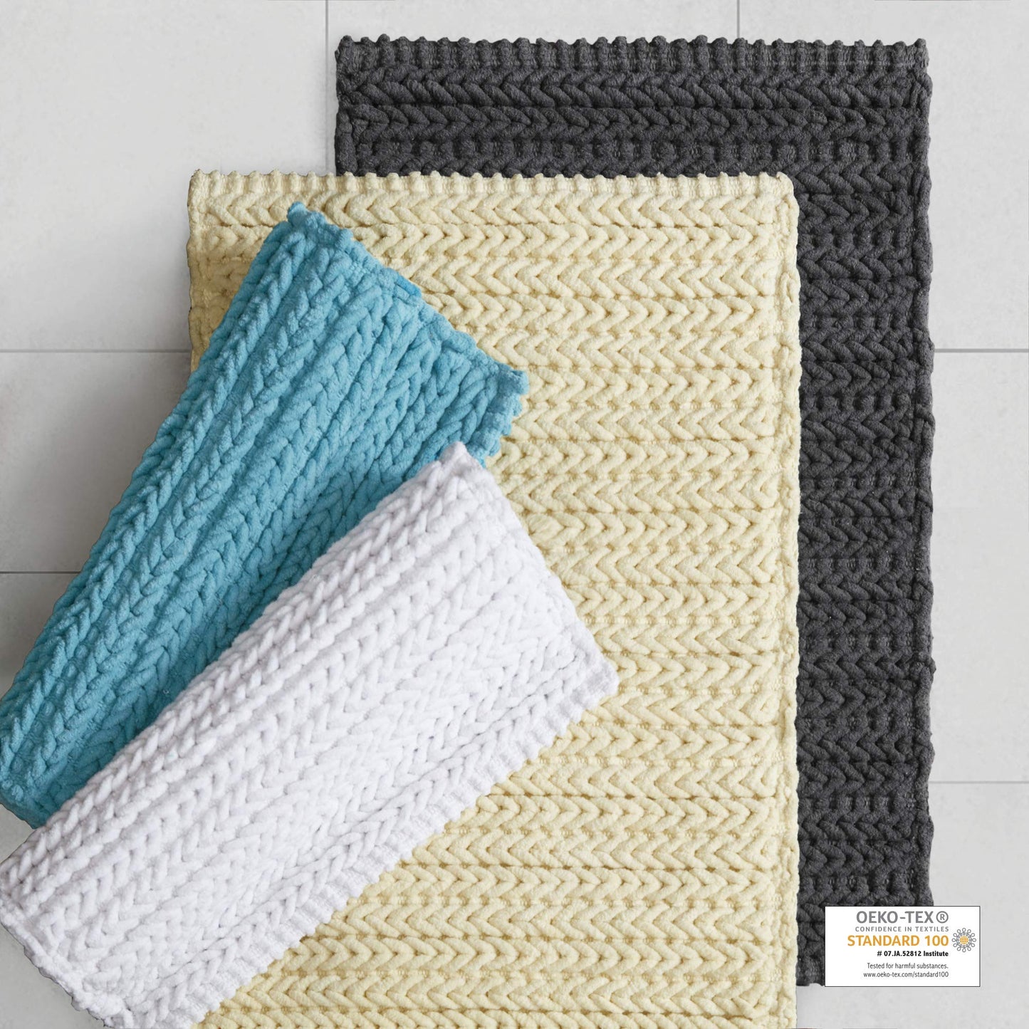 Madison Park Lasso 100% Cotton Chenille Chain Woven Stitch Bathroom Rug - Non Slip - Absorbent, Quick Dry Bath Mat, 17x24, White