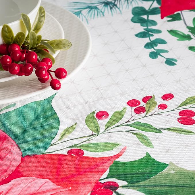 Maison d' Hermine Table Cloth Rectangle Table 100% Cotton 60 x 90 Inches Fall Tablecloth Reusable Everyday Use for Thanksgiving Christmas Decorations Dining Farmhouse Party (Poinsettia Christmas)