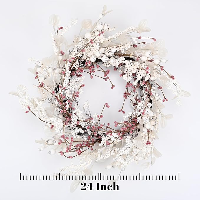 24 inch Winter Wreath for Front Door,Christmas Wreaths Front Door with White Eucalyptus Leaves and White Red Berry Outdoor/Indoor Wall Window Thanksgiving Décor Fireplace Christmas Decorations