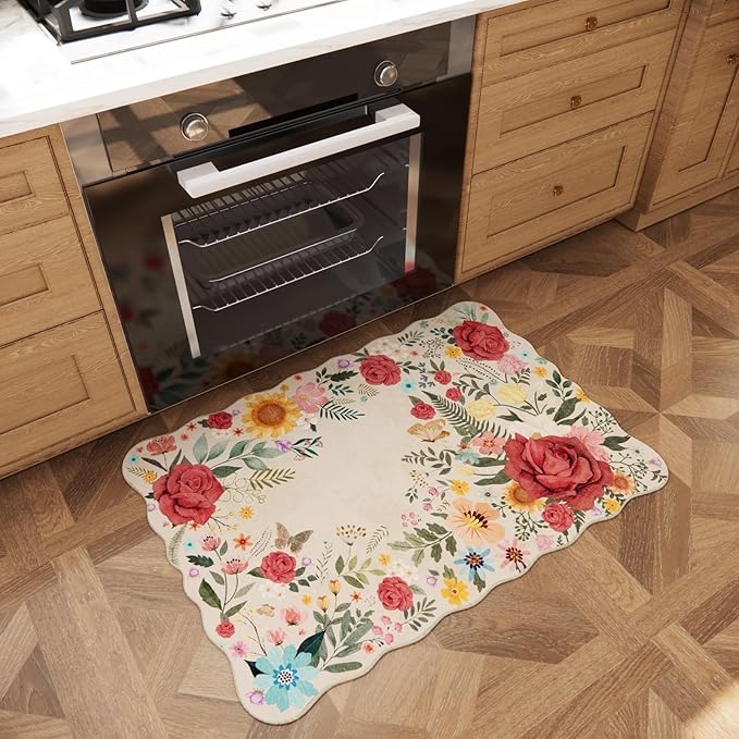 Washable Entryway Small Area Rugs: Door Mat Indoor Entrance 2x3 Floral Rug Ultra Thin Stain Resistant Non Slip Low Pile Lightweight Carpet for Kitchen, Front Door, Small Spaces Decor (Beige)