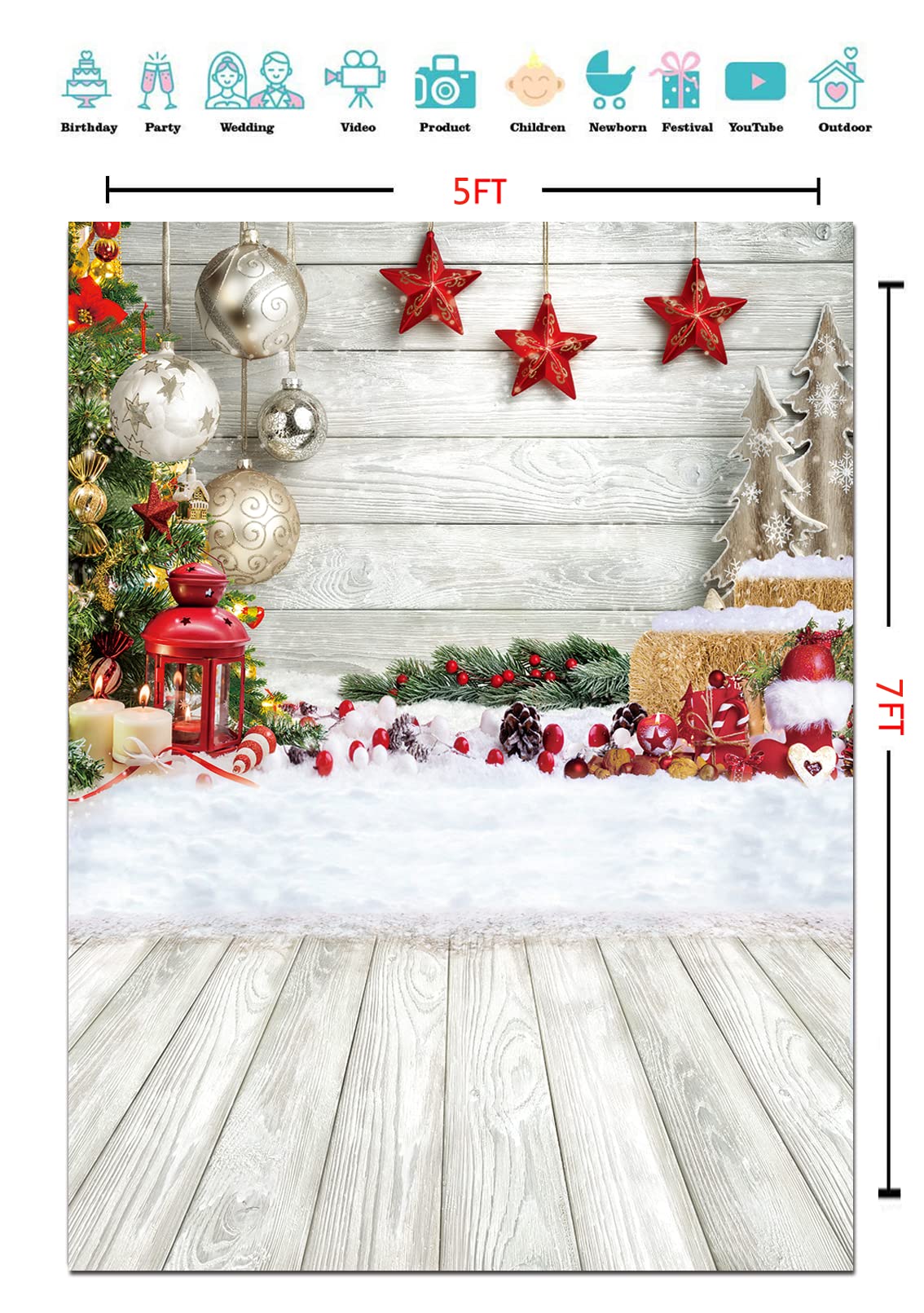 CYLYH 5x7ft Christmas Backdrop White Wood Floor Photography Backdrop Winter Snow Christmas Balls Xmas Tree Gift Family Party Photo Background New Year Party Banner Backdrop
