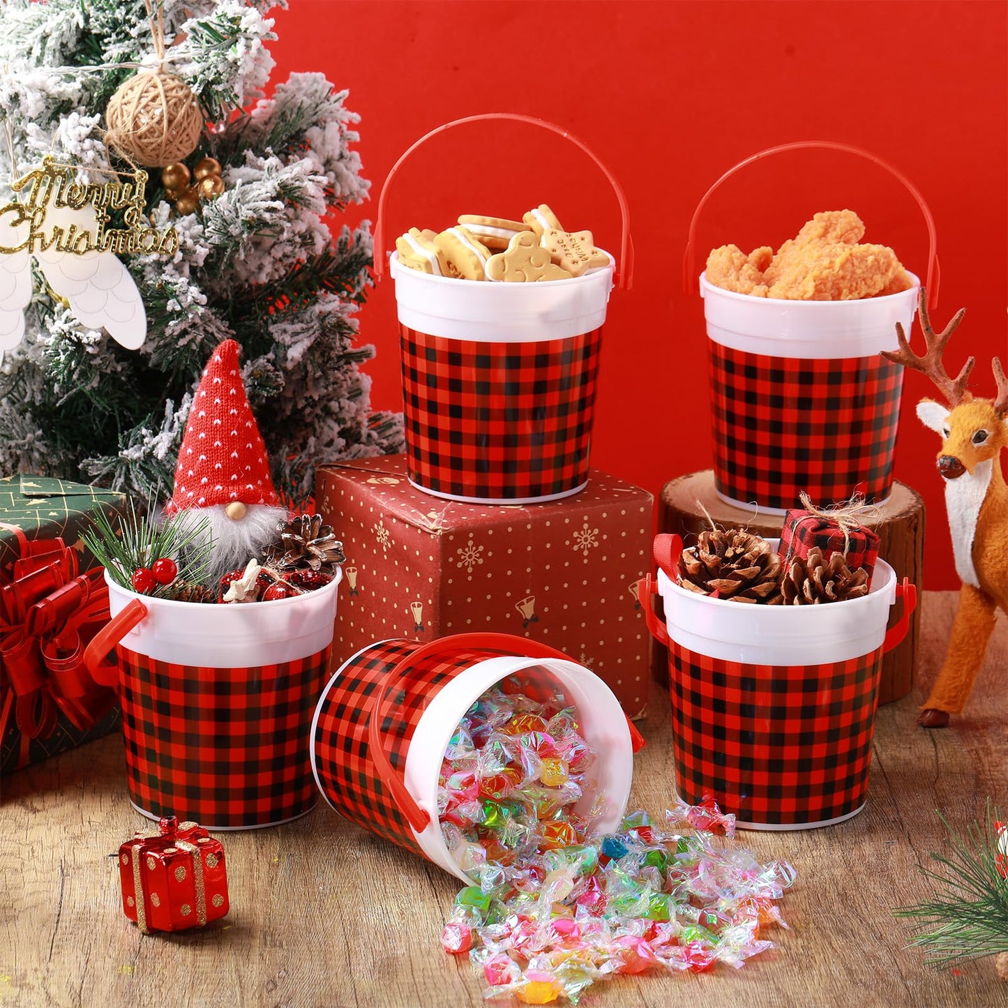 Yiyiring 12 Pcs Christmas Plastic Bucket with Handle 4.69 x 3.78 x 4.8 Inch Treats Storage Pails 32 oz Red and Black Buffalo Plaid Candy Bucket for Xmas Winter Holidays Party Favors