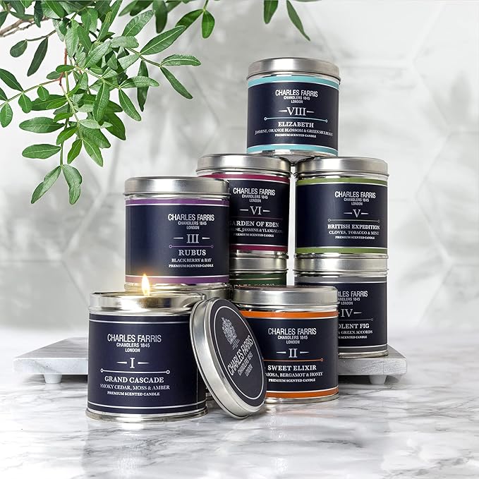 Charles Farris Luxury Scented Candle – Tin, Hand-Poured, Long Lasting, Clean Burning, 300g / 10.5oz, Burns for up to 40 Hours, Made in England – Cloves, Tobacco & Mint Tea – British Expedition