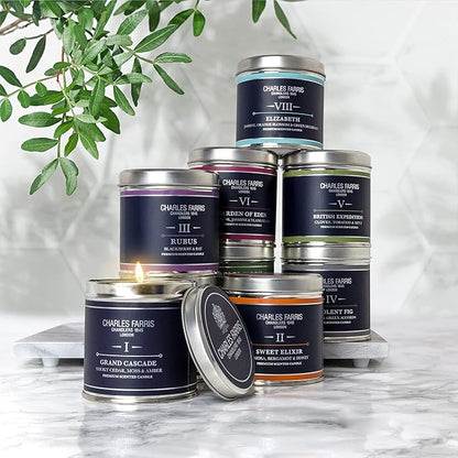 Charles Farris Luxury Scented Candle – Tin, Hand-Poured, Long Lasting, Clean Burning, 300g / 10.5oz, Burns for up to 40 Hours, Made in England – Smokey Cedar, Moss & Amber – Grand Cascade