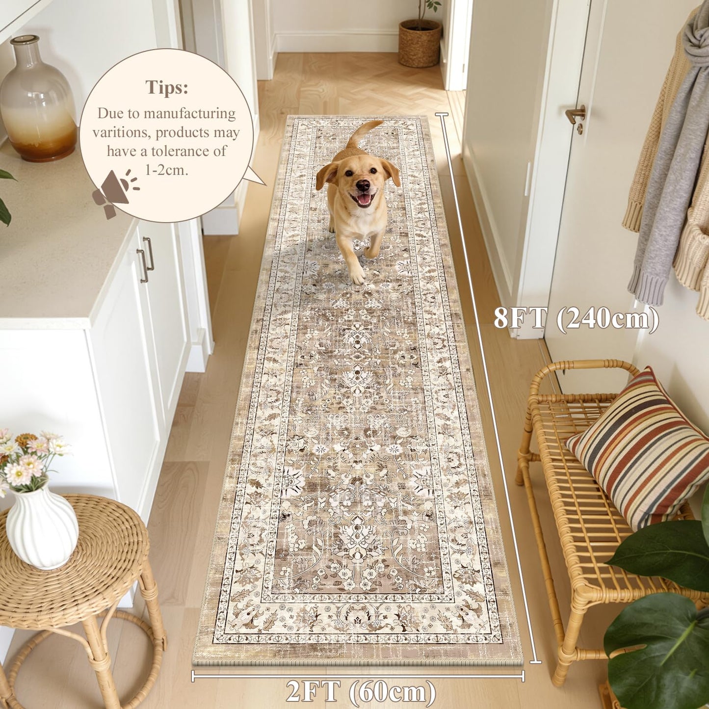 LOKHOM Washable Runner Rug, 2x8 Non-Slip Vintage Hallway Runner Rug with Rubber Backing, Boho Floral Soft Faux Wool Kitchen Rug Carpet Runner for Laundry Entryway Bedroom (Beige Brown)
