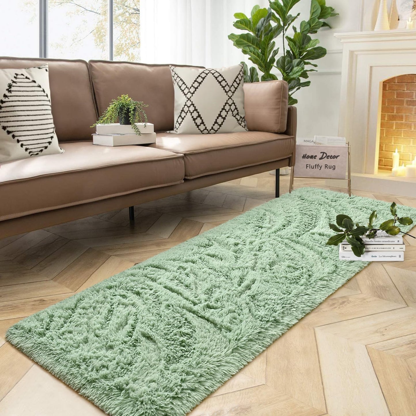DweIke Fluffy Sage Green Runner Rugs for Bedroom, 2x6 Feet Soft Plush Long Runners for Girls Boys Kids, Non-Slip and Machine Washable Bedside Rug, Small Throw Carpet for Hallway Rooms Decor